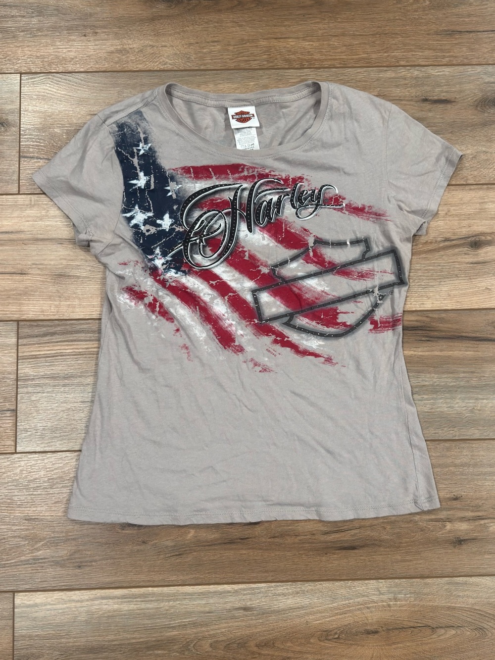 HARLEY DAVIDSON Y2k Vintage Gray American Flag Biker Tee | Size Large